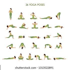 Big set of Yoga Poses vector illusttation. Woman doing yoga exercises set. Woman yoga silhouette posture. - Vector. 