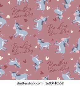 Big set of young animal seamless pattern : Baby donkey seamless pattern : Vector Illustration