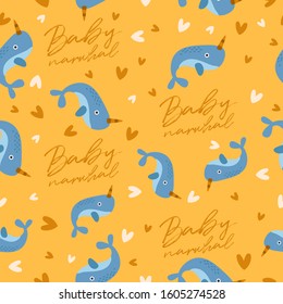 Big set of young animal seamless pattern : Baby narwhal seamless pattern : Vector Illustration