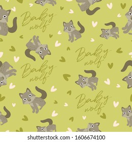 Big set of young animal seamless pattern : Baby wolf seamless pattern : Vector Illustration