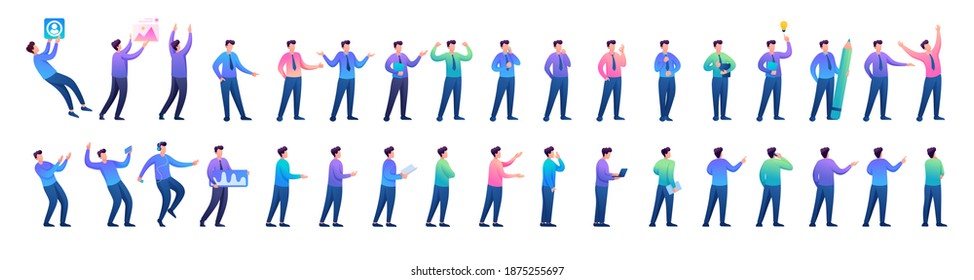 Big Set of Young Men for creating illustrations and landing pages. 2D Flat character vector illustration