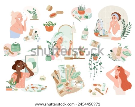 Big set young women combing hair, applying cleansing and moisturizing face skincare products at home Flat vector illustration everyday care routine with natural cosmetics of different skin type girls