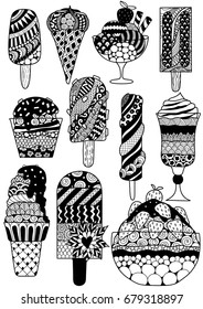 Big set of zendoodle design of ice cream for design element, adult or kids coloring book page. Vector illustration.