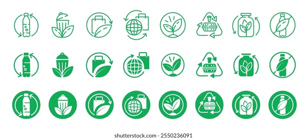 Big set of Zero Waste Icons, Circular Green Icons with Recycling, Leaves, Glass, Plastic Elements