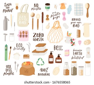 Big set of Zero Waste recycle and reusable products with lettering quotes. Go green, eco style, no plastic, save the planet objects for home, shopping and cosmetics. Durable vector collection 