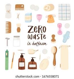 Big set of Zero Waste recycle and reusable products for bathroom - eco grocery bags, wooden objects, comb, toothbrush and brushes, menstrual cup and pads. Durable collection vector illustration 