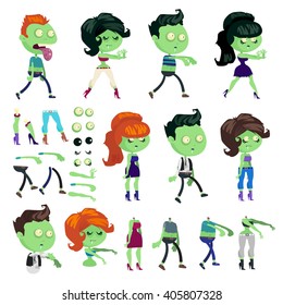 Big set of a zombies and body parts isolated on white background. Zombie men and women in cartoon style. Zombies without heads. Vector illustration.