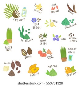 Big sets of different superfoods. Isolated on white background. Vector hand drawn illustration. 