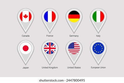 Big seven flags maps pins isolated icons vector illustration. G7 states location point, signs shapes. Official symbols stickers set with state name. USA, UK, Germany, France EU, markers badges