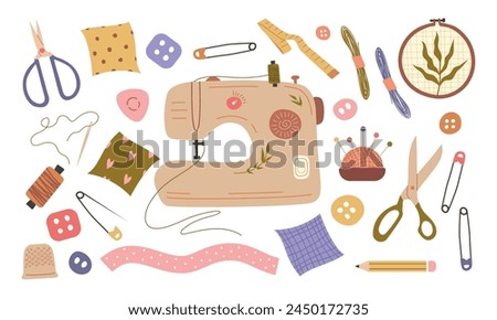Big sewing set. Sewing machine, sewing accessories, embroidery, hoop. Isolated vector elements for your design