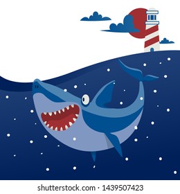 Big shark banner vector illustration. Cartoon beautiful ocean with waves and fish. Underwater nature and marine wildlife. Lighthouse on sunset background. Open mouth with teeth.