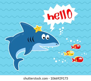 Big shark cartoon with starfish and little fishes on blue wave background. Vector cartoon illustration