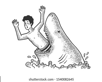 Big shark eat man sketch engraving vector illustration. T-shirt apparel print design. Scratch board style imitation. Black and white hand drawn image.