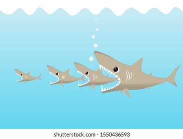 Big shark fish eating small shark, big fish eats small fish business concept vector illustration