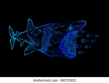 Big shark  swallow small fish. Tattoo totem animal. The linear 
drawing, textile printing, T-shirt, cover. The basis for the logo. Vector illustration, isolated on black background.