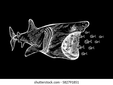 Big shark  swallow small fish. Tattoo totem animal. The linear 
drawing, textile printing, T-shirt, cover. The basis for the logo. Vector illustration, isolated on black background.