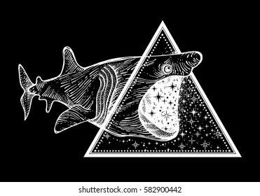 Big shark  swallows the night stars. Tattoo totem animal. The linear 
drawing, textile printing, T-shirt, cover. The basis for the logo. Vector illustration, isolated on black background.