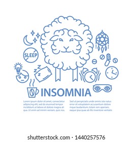 Big sheep and symbol for insomnia template with place for text in line art style. Mental disorders of Insomnia banner. Vector illustration