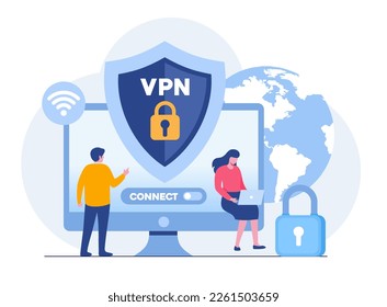 Big shield with VPN software or plugin. App for secure connection, data encryption. Virtual Private Network. Remote server, cloud technology. Flat Vector Illustration svg