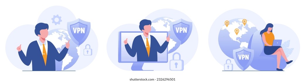 Big shield with VPN software or plugin. App for secure connection, data encryption. Virtual Private Network. Remote server, cloud technology. Flat Vector Illustration