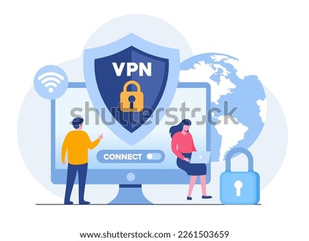 Big shield with VPN software or plugin. App for secure connection, data encryption. Virtual Private Network. Remote server, cloud technology. Flat Vector Illustration