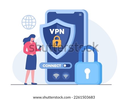 Big shield with VPN software or plugin. App for secure connection, data encryption. Virtual Private Network. Remote server, cloud technology. Flat Vector Illustration