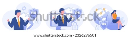 Big shield with VPN software or plugin. App for secure connection, data encryption. Virtual Private Network. Remote server, cloud technology. Flat Vector Illustration