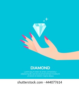 Big shining diamond in woman's hand. Wedding concept. Marriage proposal. Design vector illustration.