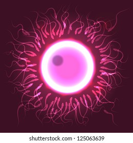 Big shining  egg surrounded by spermatozoons