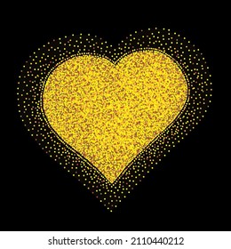 Big shining golden heart on black background. Design element, backdrop, frame, border, greeting card. Valentine's day, declaration of love, wedding.