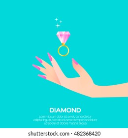 Big shining pink diamond in woman's hand. Wedding ring concept. Marriage proposal. Design vector illustration on blue background.