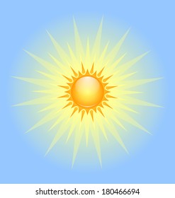 Big shining summer sun with sunbeams on the sky