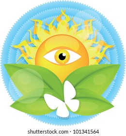 Big shining sun with eye on blue sky