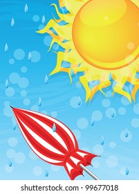Big shining sun with umbrella on blue sky