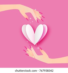 Big shining white Heart. Elegant women's hand. Wedding concept. Happy Valentine's day Greeting card. Origami Flying Love. Romantic Holidays.14 February. Pink background.