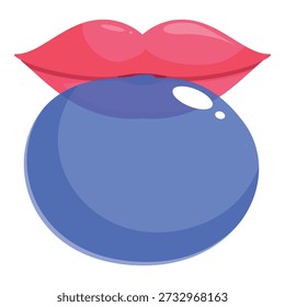 Big, shiny, blue bubble gum bubble being inflated by glossy red lips
