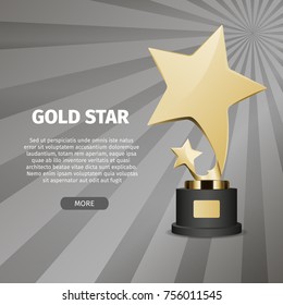 Big shiny gold star on stand on grey background with text. Honorable trophy for first place in competition vector illustration.