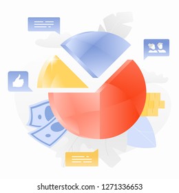 Big shiny pie chart surrounded by leaves, money and social media icons. Statistics and business report concept. Vector.