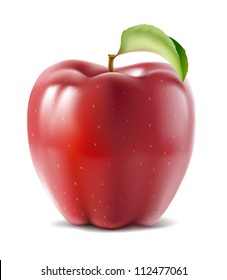 Big shiny ripe red apple with green leaf