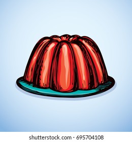 Big shiny scarlet tasty soft berry flavor cool jell torte on plate isolated on white backdrop. Vibrant crimson color hand drawn picture sketch in art retro scribble graphic style with space for text