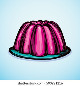 Big Shiny Tasty Magenta Mold Berry Flavor Cool Jell Torte On Plate Isolated On White Backdrop. Vibrant Red Color Hand Drawn Picture Sketch In Art Retro Doodle Graphic Style With Space For Text