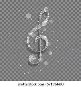 Big shiny treble clef made of silver glitters with sparkles and glares