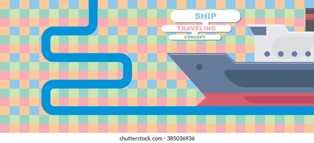 big ship floating in the river / brochure cover design, information flier, web design element, infographic, travel scheme, textile print, ticket design, background / vector illustration