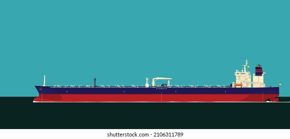 Big ship in the high sea. Supertanker. Oil tanker. Vector image for prints, poster and illustrations.