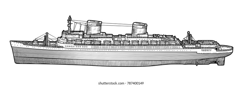 Big Ship Illustration, Drawing, Engraving, Ink, Line Art, Vector