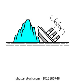 Big Ship Miniature Figure in Simple Doodle Line Drawing, Hitting the Huge Iceberg.