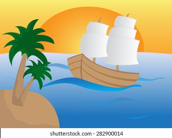 Big ship on the sea with sunset and island