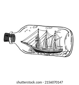 big ship sail in the glass bottle monoline vector design illustration