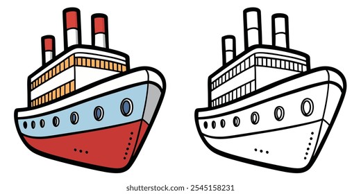 Big Ship Sailing In The Sea Coloring Pages For Kids. Easy Ship Coloring Book Printable. Vessel Cartoon Vector Illustration