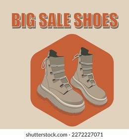 Big shoe sale. Modern hiking or trekking boots with flat soles and lace-ups. Fashionable casual shoes for walking. Overview illustration of shoes.